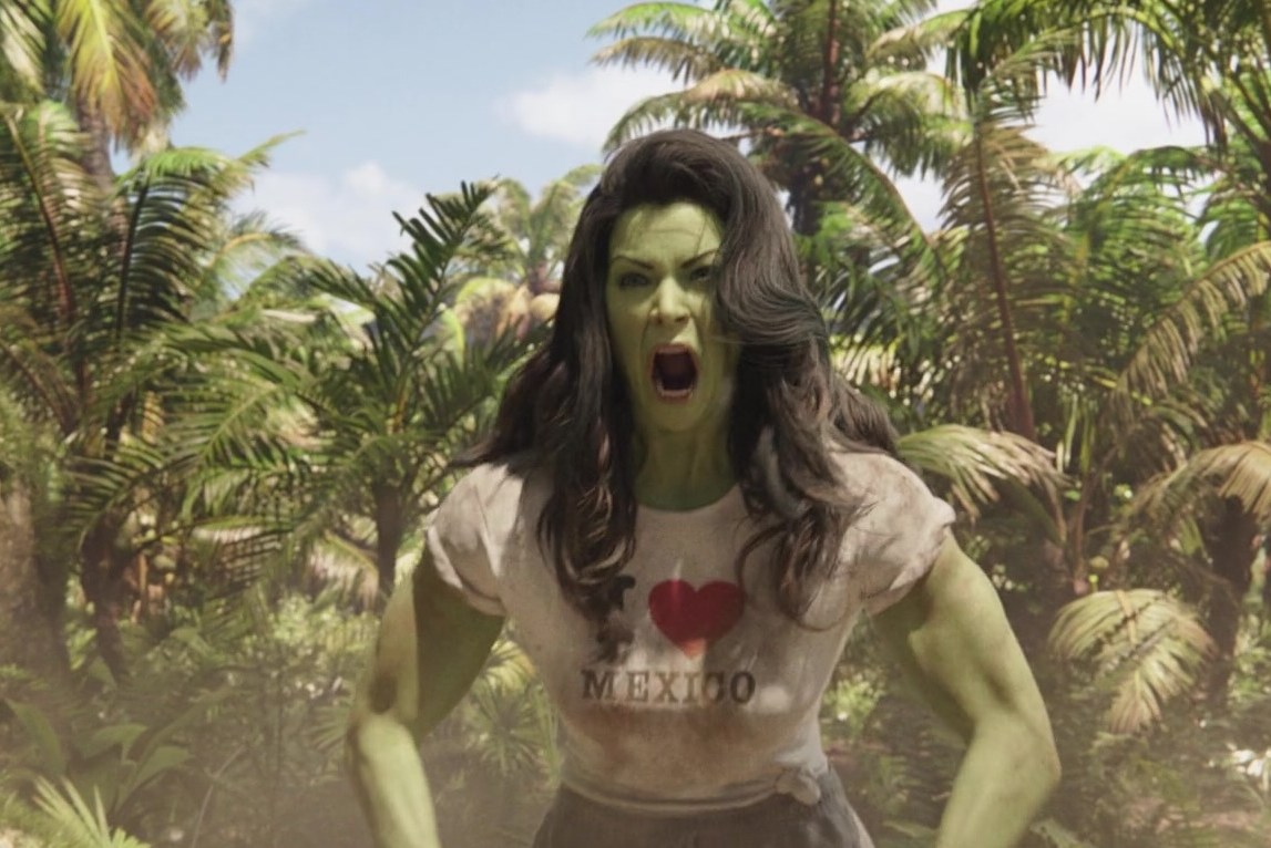 She-Hulk wears an I Heart Mexico shirt while screaming in a tropical locale