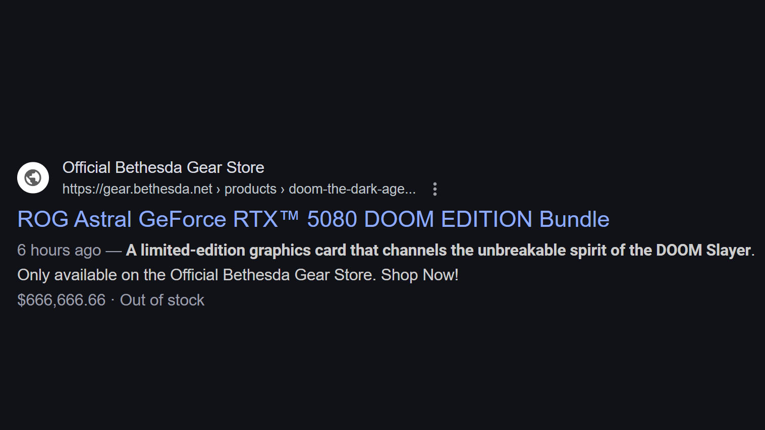 Doom GPU placeholder price listed as $666,666.66