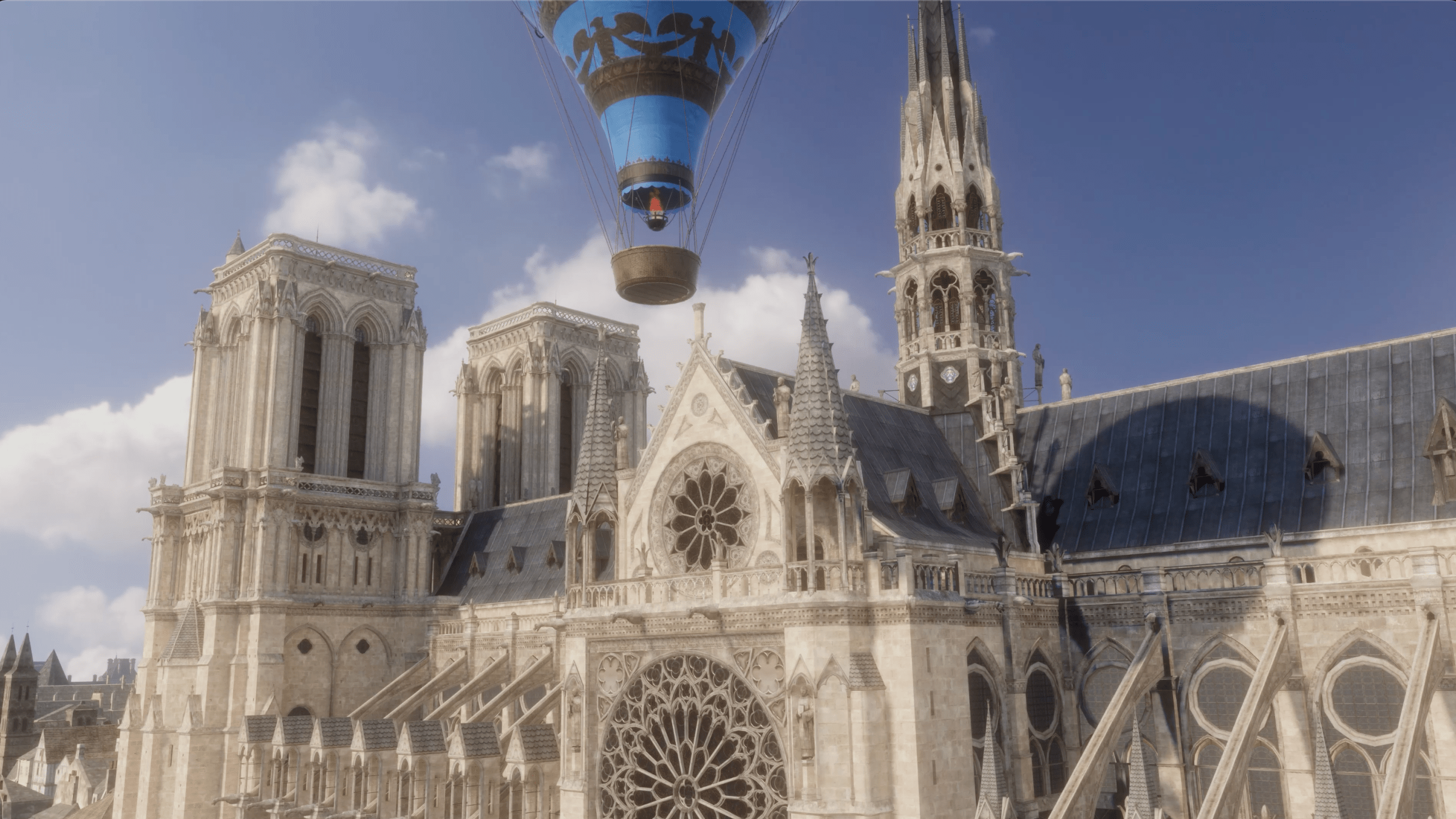 The exterior of Notre-Dame on a sunny day, as a hot air balloon flies past.