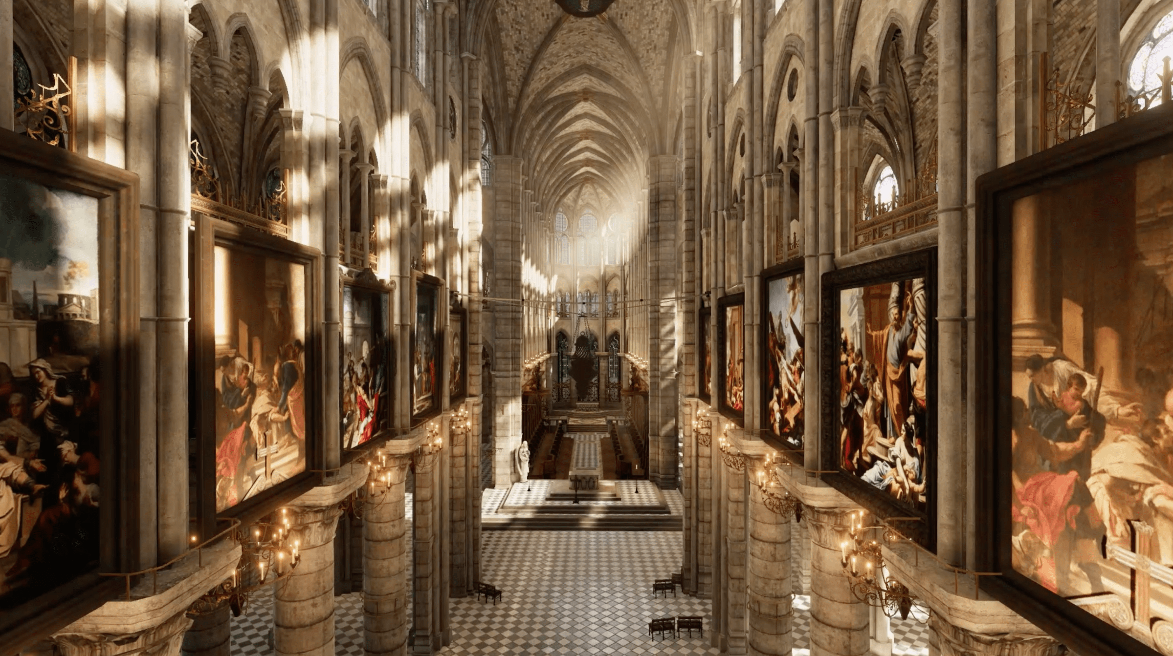 The nave of Notre-Dame, lined with the series of paintings called The Mays.