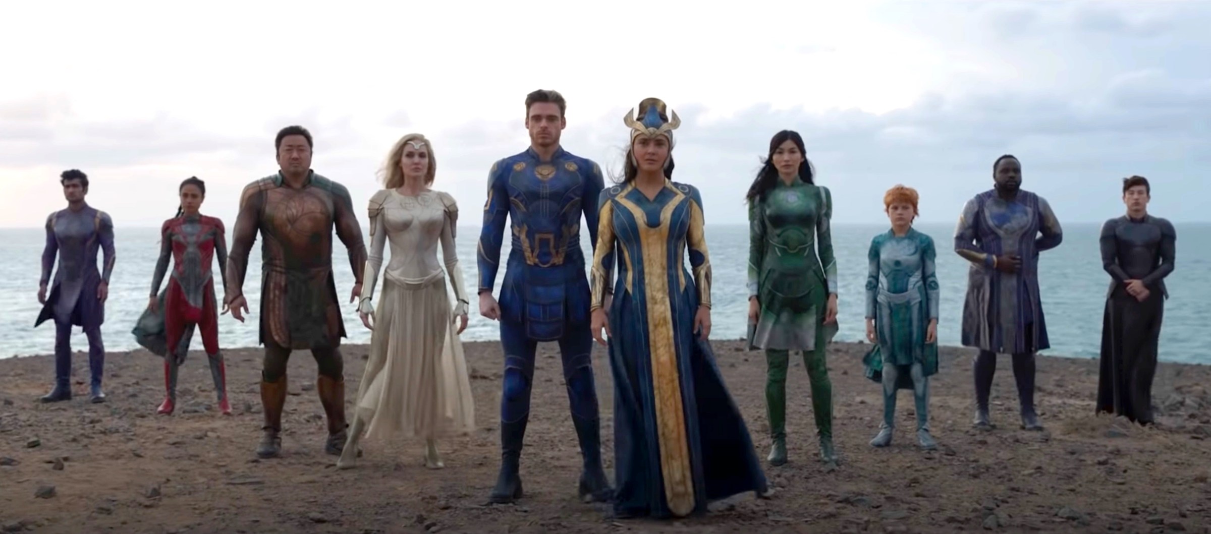Salma Hayek, Angelina Jolie, Richard Madden, Gemma Chan, Ma Dong-seok, Brian Tyree Henry, Kumail Nanjiani, Lauren Ridloff, Barry Keoghan, and Lia McHugh in Eternals (2021)